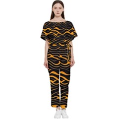 Waves Pattern Golden 3d Abstract Halftone Batwing Lightweight Chiffon Jumpsuit by Ravend