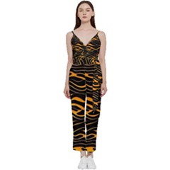 Waves Pattern Golden 3d Abstract Halftone V-neck Spaghetti Strap Tie Front Jumpsuit by Ravend