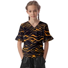 Waves Pattern Golden 3d Abstract Halftone Kids  V-neck Horn Sleeve Blouse by Ravend