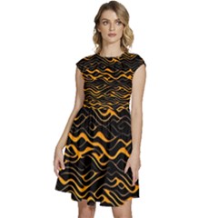 Waves Pattern Golden 3d Abstract Halftone Cap Sleeve High Waist Dress