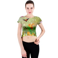 Floral Flowers Nature Plants Decorative Design Crew Neck Crop Top by Ravend