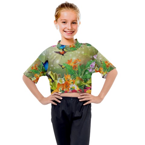 Floral Flowers Nature Plants Decorative Design Kids Mock Neck Tee by Ravend