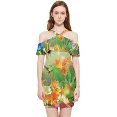 Floral Flowers Nature Plants Decorative Design Shoulder Frill Bodycon Summer Dress by Ravend