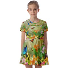 Floral Flowers Nature Plants Decorative Design Kids  Short Sleeve Pinafore Style Dress by Ravend