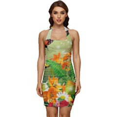 Floral Flowers Nature Plants Decorative Design Sleeveless Wide Square Neckline Ruched Bodycon Dress by Ravend