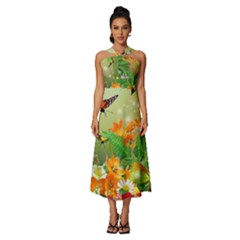 Floral Flowers Nature Plants Decorative Design Sleeveless Cross Front Cocktail Midi Chiffon Dress