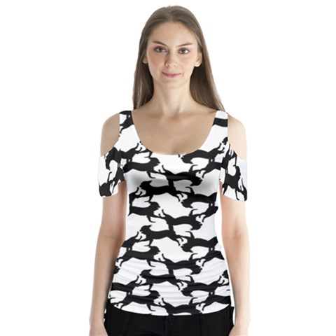 Playful Pups Black And White Pattern Butterfly Sleeve Cutout Tee  by dflcprintsclothing