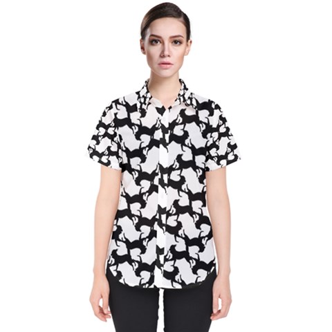 Playful Pups Black And White Pattern Women s Short Sleeve Shirt by dflcprintsclothing