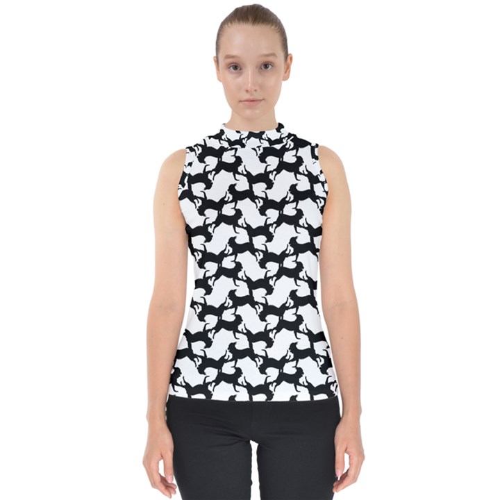 Playful Pups Black and White Pattern Mock Neck Shell Top