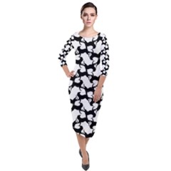 Playful Pups Black And White Pattern Quarter Sleeve Midi Velour Bodycon Dress