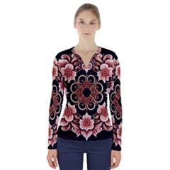 Floral Pattern Flowers Spiral Pattern Beautiful V-neck Long Sleeve Top by Ravend