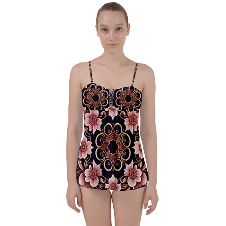 Floral Pattern Flowers Spiral Pattern Beautiful Babydoll Tankini Set