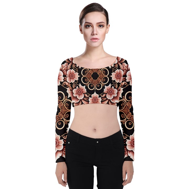 Floral Pattern Flowers Spiral Pattern Beautiful Velvet Long Sleeve Crop Top