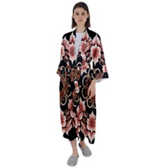 Floral Pattern Flowers Spiral Pattern Beautiful Maxi Satin Kimono by Ravend