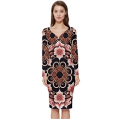 Floral Pattern Flowers Spiral Pattern Beautiful Long Sleeve V-neck Bodycon Dress  by Ravend