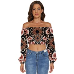 Floral Pattern Flowers Spiral Pattern Beautiful Long Sleeve Crinkled Weave Crop Top by Ravend