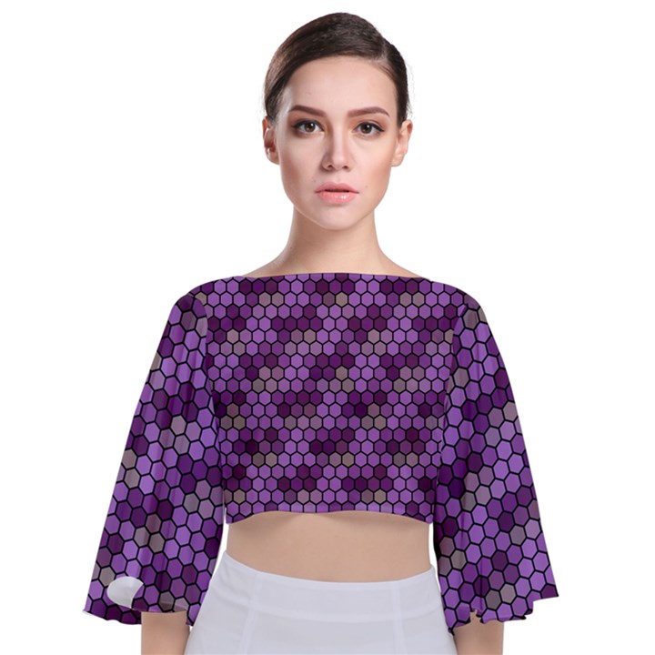 Pattern Seamless Design Decorative Hexagon Shapes Tie Back Butterfly Sleeve Chiffon Top