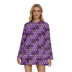 Pattern Seamless Design Decorative Hexagon Shapes Round Neck Long Sleeve Bohemian Style Chiffon Mini Dress