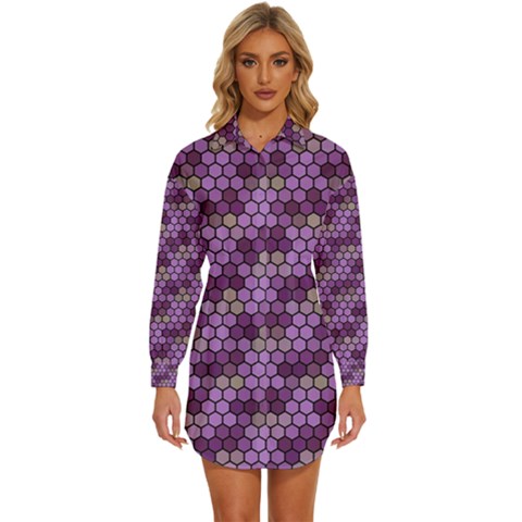 Pattern Seamless Design Decorative Hexagon Shapes Womens Long Sleeve Shirt Dress by Ravend