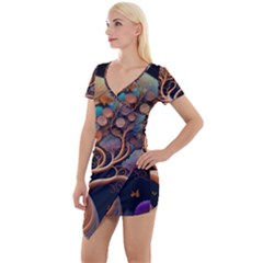 Trees Dream Art Intricate Patterns Digital Nature Short Sleeve Asymmetric Mini Dress by Ravend