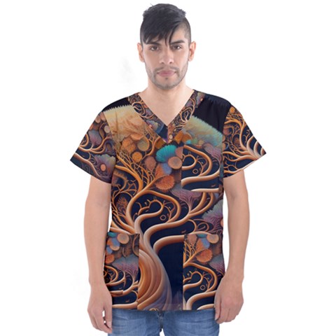 Trees Dream Art Intricate Patterns Digital Nature Men s V-neck Scrub Top by Ravend