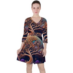 Trees Dream Art Intricate Patterns Digital Nature Quarter Sleeve Ruffle Waist Dress by Ravend