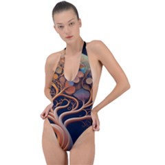 Trees Dream Art Intricate Patterns Digital Nature Backless Halter One Piece Swimsuit by Ravend