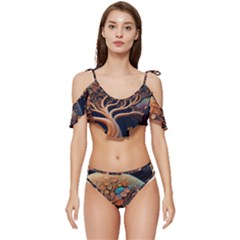 Trees Dream Art Intricate Patterns Digital Nature Ruffle Edge Tie Up Bikini Set	