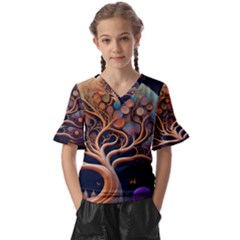 Trees Dream Art Intricate Patterns Digital Nature Kids  V-neck Horn Sleeve Blouse by Ravend