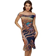 Trees Dream Art Intricate Patterns Digital Nature Off Shoulder Ruffle Split Hem Bodycon Dress by Ravend