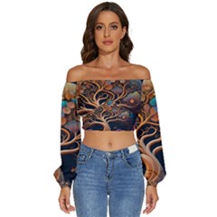 Trees Dream Art Intricate Patterns Digital Nature Long Sleeve Crinkled Weave Crop Top