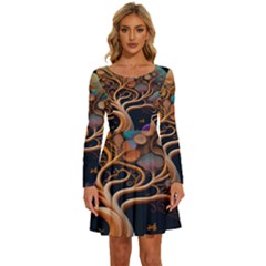 Trees Dream Art Intricate Patterns Digital Nature Long Sleeve Wide Neck Velvet Dress by Ravend