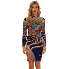 Trees Dream Art Intricate Patterns Digital Nature Long Sleeve Shirt Collar Bodycon Dress