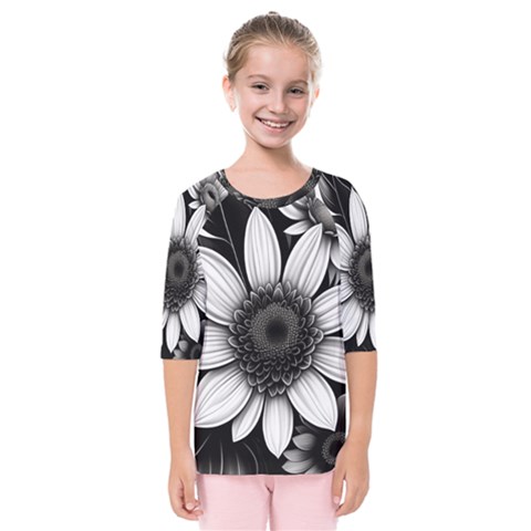 Sketch Flowers Art Background Photorealistic Kids  Quarter Sleeve Raglan Tee by Ravend