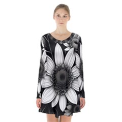 Sketch Flowers Art Background Photorealistic Long Sleeve Velvet V-neck Dress