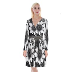 Sketch Flowers Art Background Photorealistic Long Sleeve Velvet Front Wrap Dress by Ravend