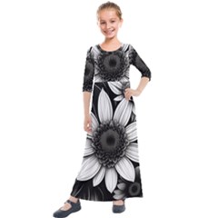 Sketch Flowers Art Background Photorealistic Kids  Quarter Sleeve Maxi Dress by Ravend