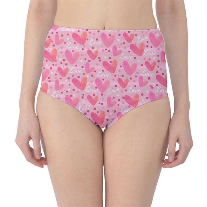 Valentine Romantic Love Watercolor Pink Pattern Texture Classic High-Waist Bikini Bottoms