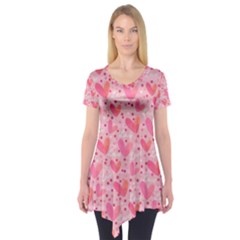 Valentine Romantic Love Watercolor Pink Pattern Texture Short Sleeve Tunic  by Ravend