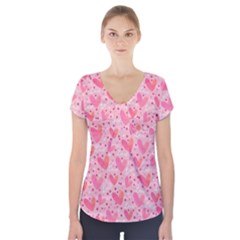 Valentine Romantic Love Watercolor Pink Pattern Texture Short Sleeve Front Detail Top by Ravend