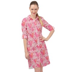 Valentine Romantic Love Watercolor Pink Pattern Texture Long Sleeve Mini Shirt Dress by Ravend