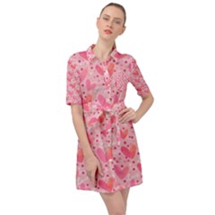 Valentine Romantic Love Watercolor Pink Pattern Texture Belted Shirt Dress by Ravend