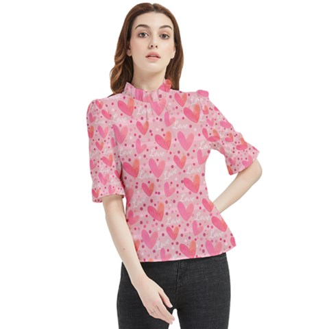 Valentine Romantic Love Watercolor Pink Pattern Texture Frill Neck Blouse by Ravend