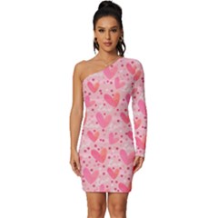 Valentine Romantic Love Watercolor Pink Pattern Texture Long Sleeve One Shoulder Mini Dress