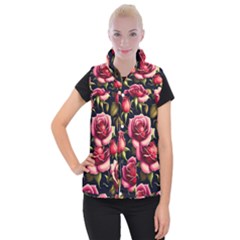 Roses Flowers Pattern Background Women s Button Up Vest