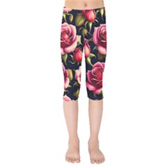 Roses Flowers Pattern Background Kids  Capri Leggings  by Ravend