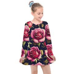 Roses Flowers Pattern Background Kids  Long Sleeve Dress by Ravend