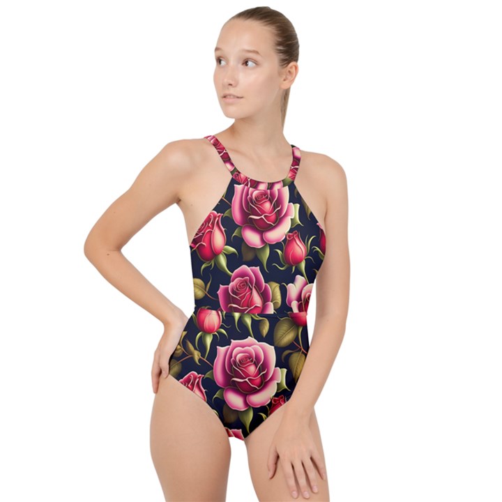 Roses Flowers Pattern Background High Neck One Piece Swimsuit