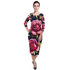 Roses Flowers Pattern Background Quarter Sleeve Midi Velour Bodycon Dress by Ravend