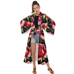 Roses Flowers Pattern Background Maxi Kimono by Ravend